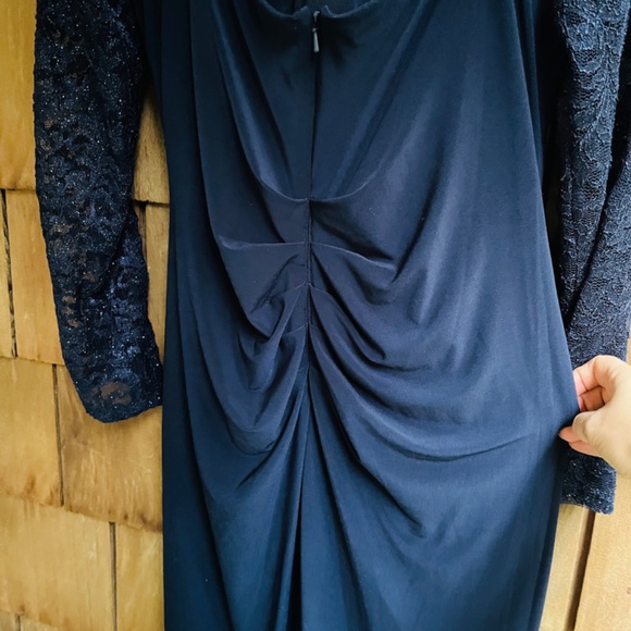 B&A By Betsy & Adam Lace-Sleeve Square-Neck Gown Women's 14 Navy Zip Closure~ - Picture 11 of 15